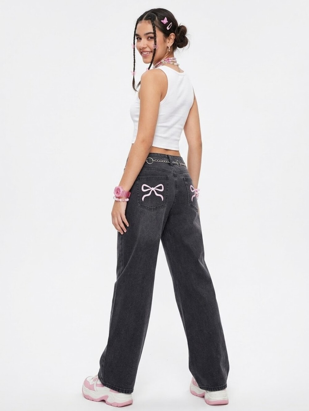 EDIKTED Pink Bow Pocket Baggy Jeans Black Washed Wide Leg Low Rise. XS